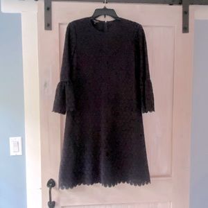 NWT Lafayette 148 NY Navy embroidered dress with scalloped sleeves and bottom.